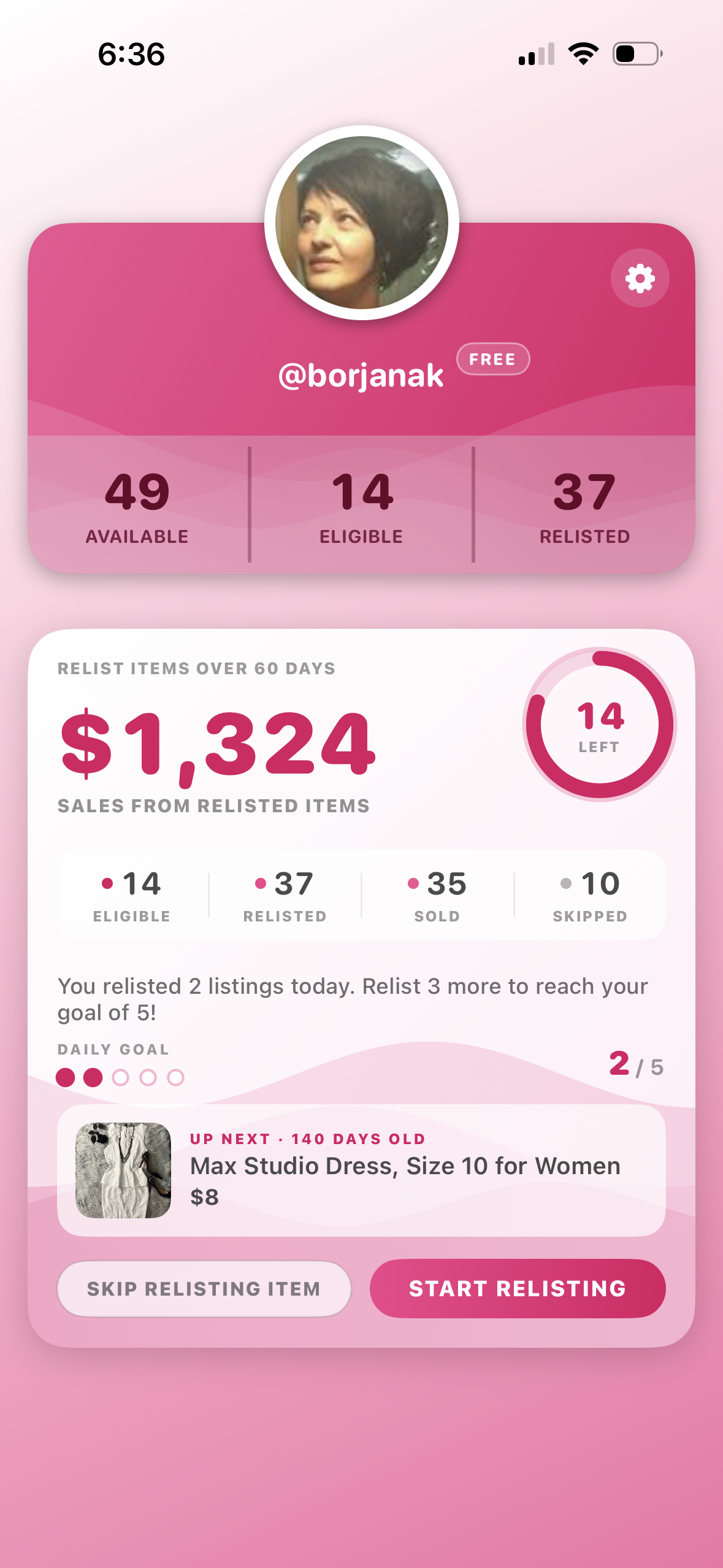 PoshRelist dashboard showing eligible listings, relisted sales, and daily relisting progress
