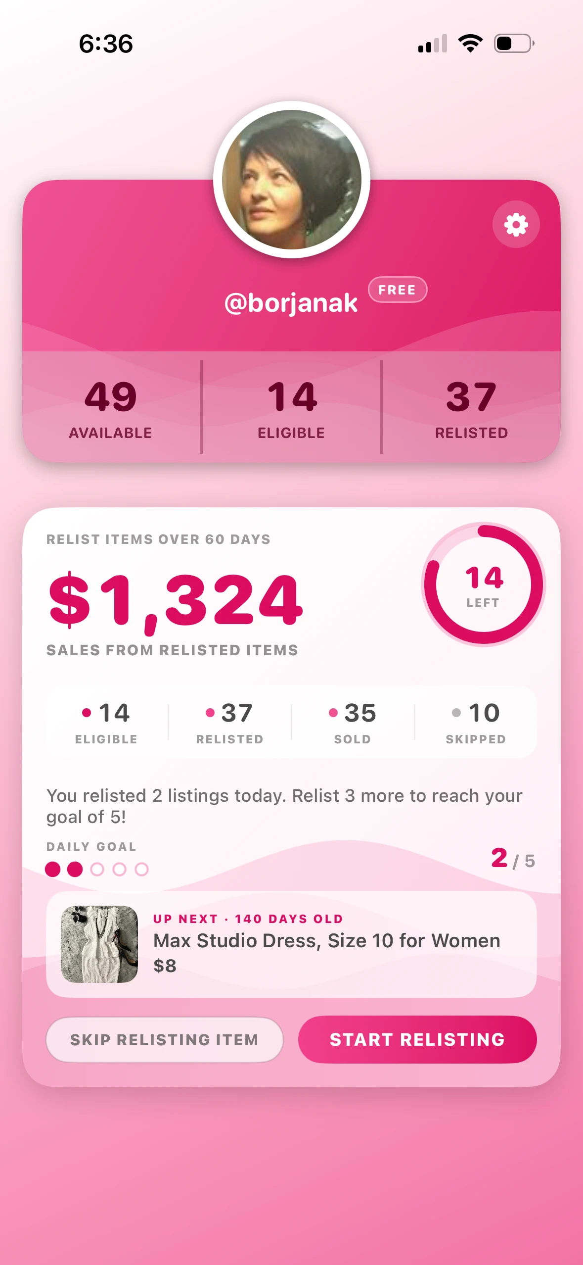 PoshRelist dashboard showing eligible listings, relisted sales, and daily relisting progress