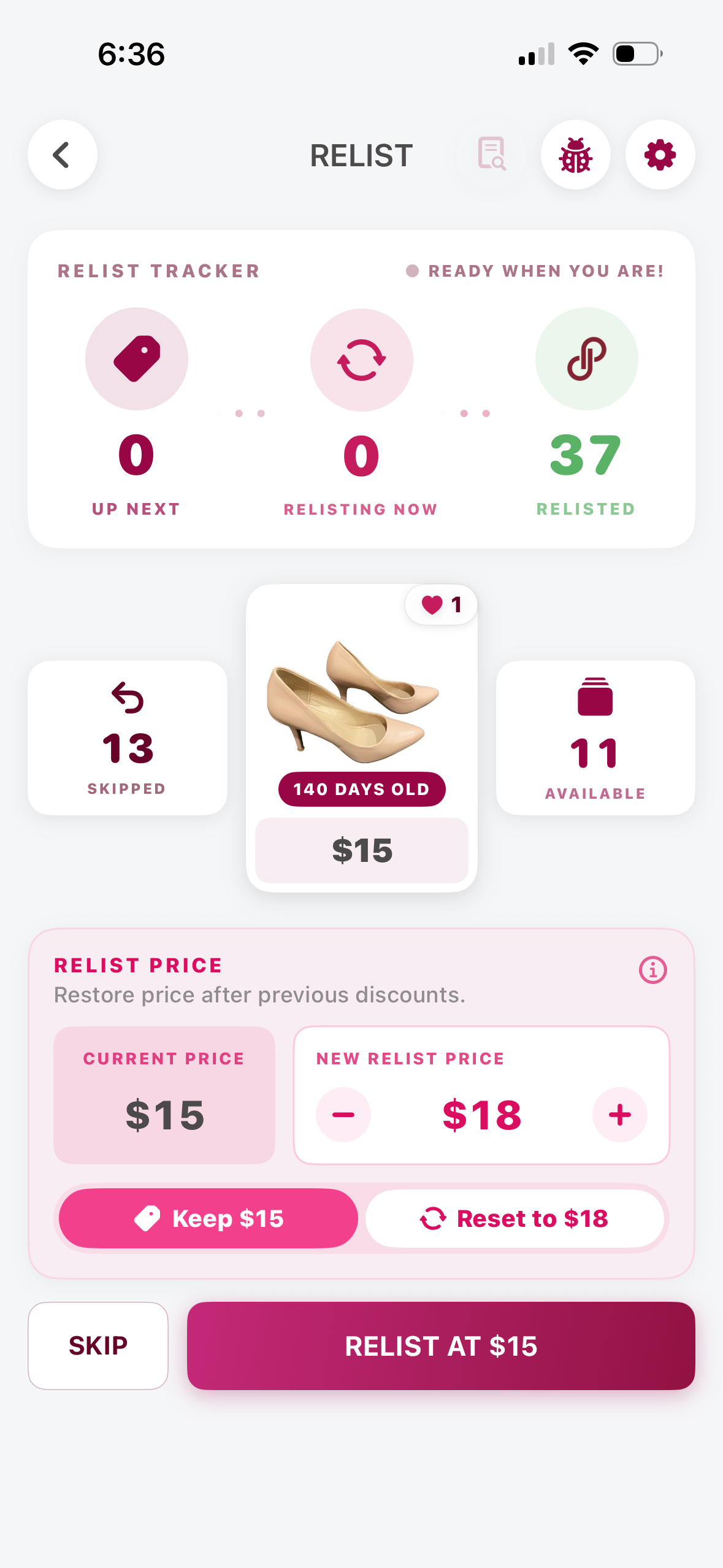 PoshRelist relisting screen with listing tracker, current price, reset price controls, and relist button