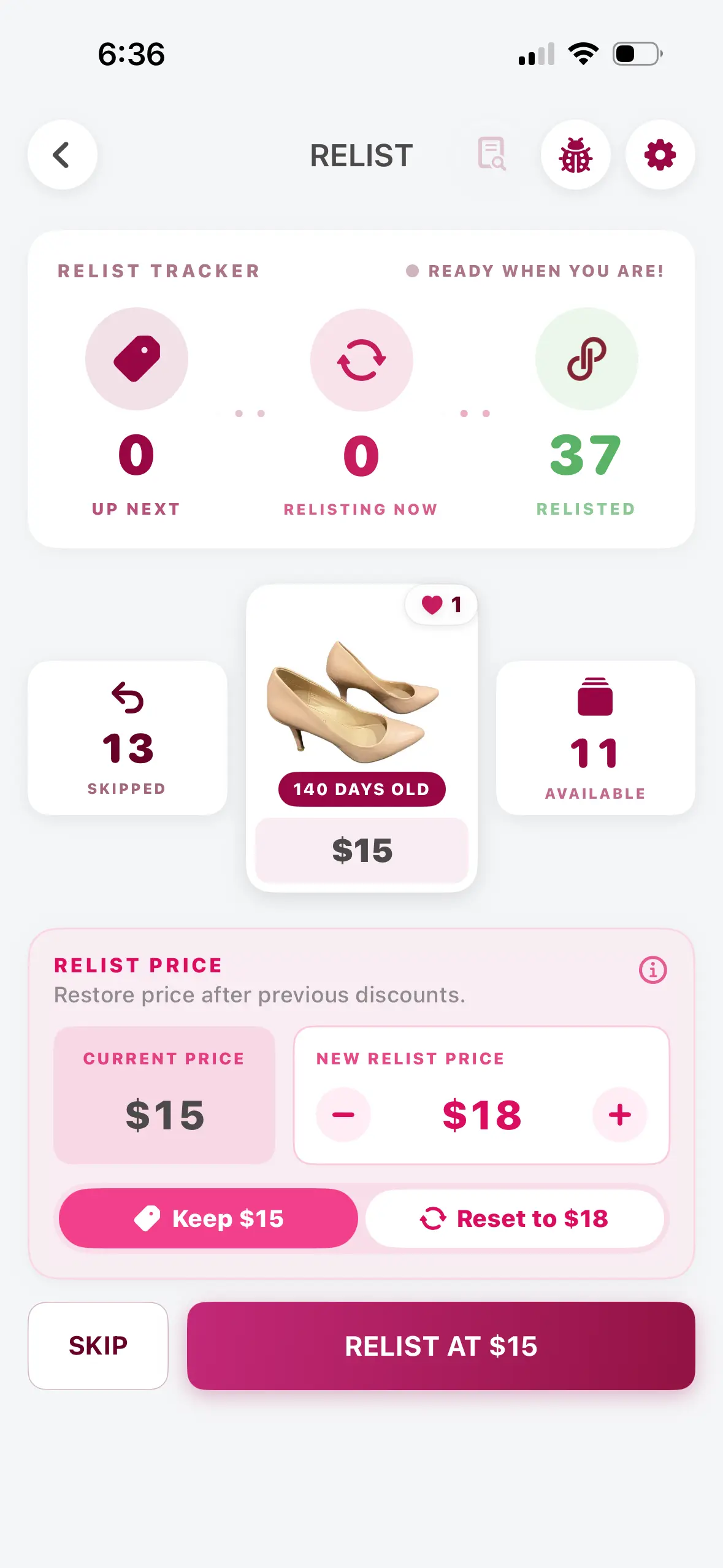PoshRelist relisting screen with listing tracker, current price, reset price controls, and relist button